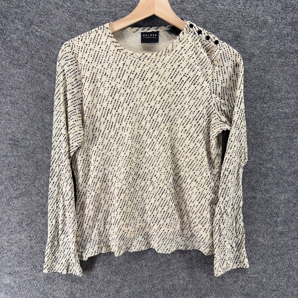 Axcess Blouse Women M Medium Beige Striped Long Sleeve Lined Round Neck Casual